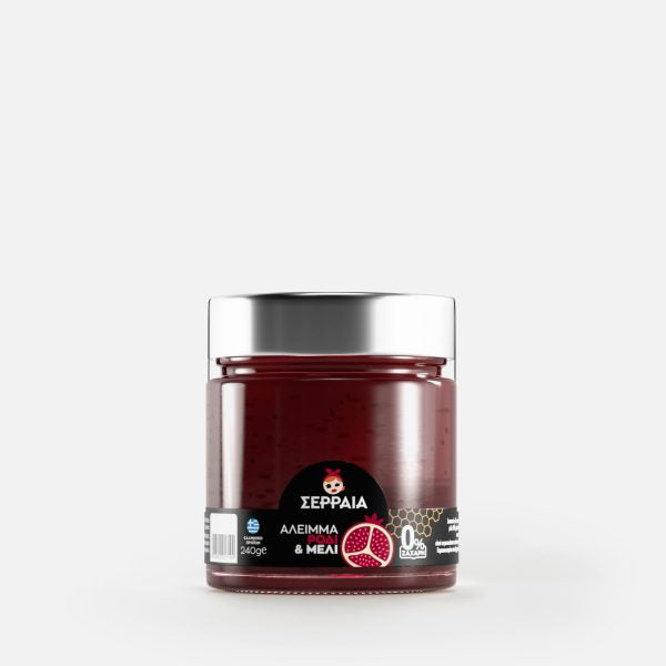 Γυάλινο βάζο 240g με φυσικό άλειμμα ρόδι χωρίς ζάχαρη και μέλι από την εταιρεία Σερραία.