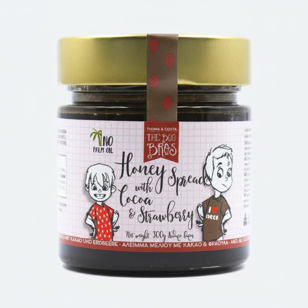 Συσκευασία 300g μέλι με κακάο και φράουλα The Bee Bros, υγιεινό σοκολατένιο άλειμμα για παιδιά
