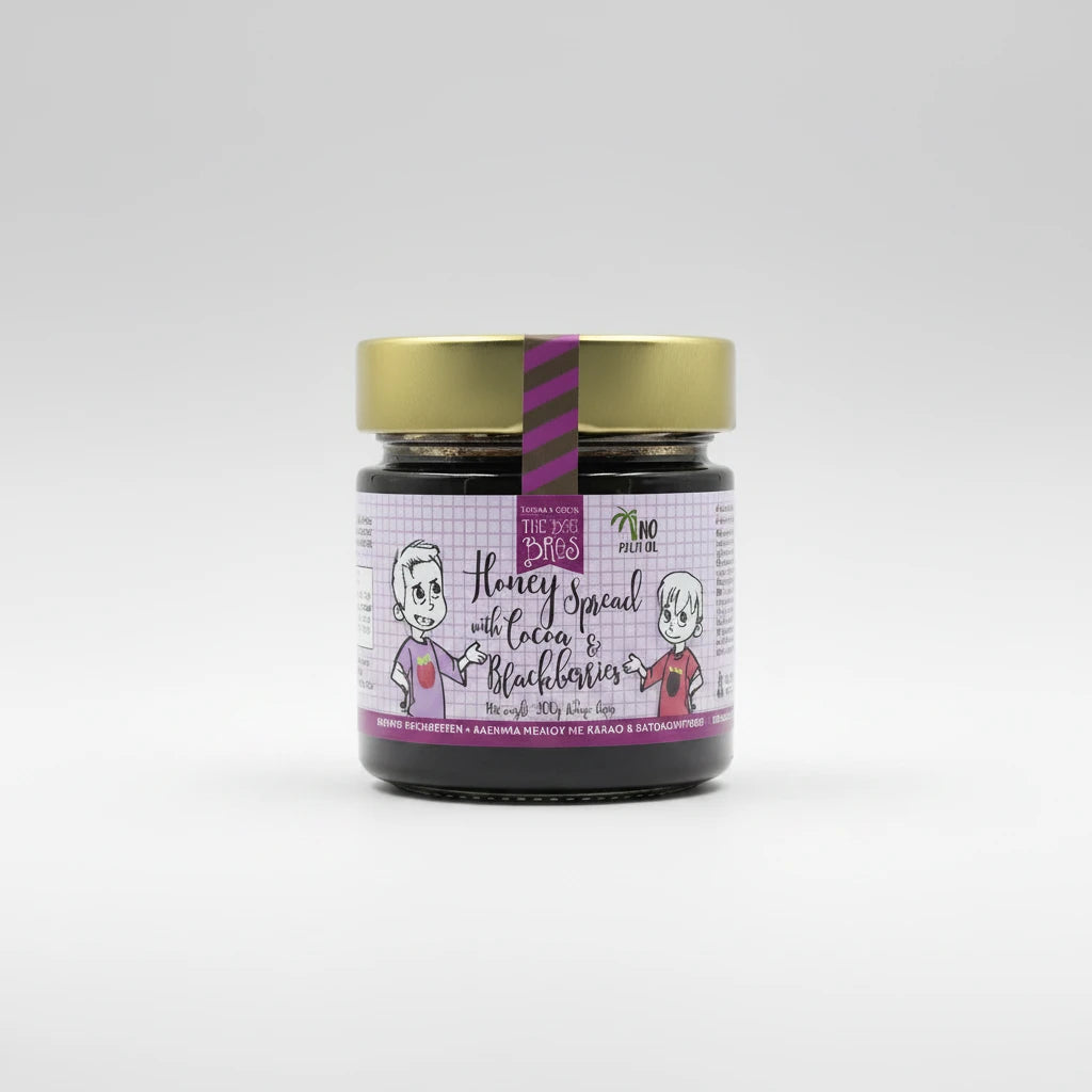 Συσκευασία 300g μέλι με κακάο και βατόμουρο The Bee Bros, υγιεινό άλειμμα σοκολάτας χωρίς ζάχαρη.