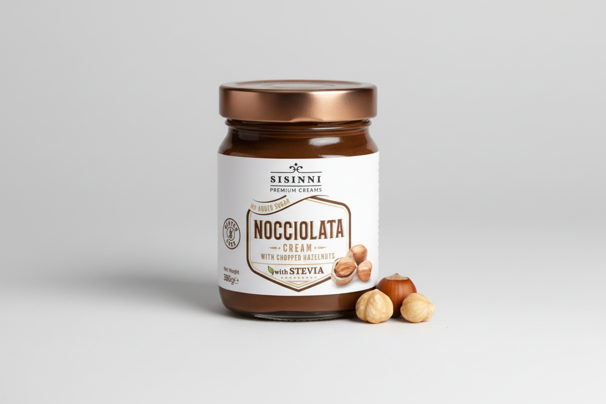 Nocciolata Κρέμα κακάο με κομμάτια φουντουκιού χωρίς ζάχαρη Sissini - paradosiakopantopoleio.com