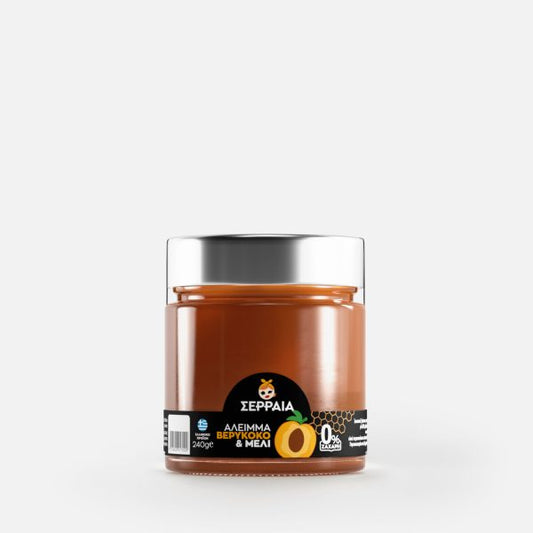Βάζο 240g με άλειμμα βερίκοκο χωρίς ζάχαρη με μέλι από τη Σερραία για υγιεινό πρωινό.