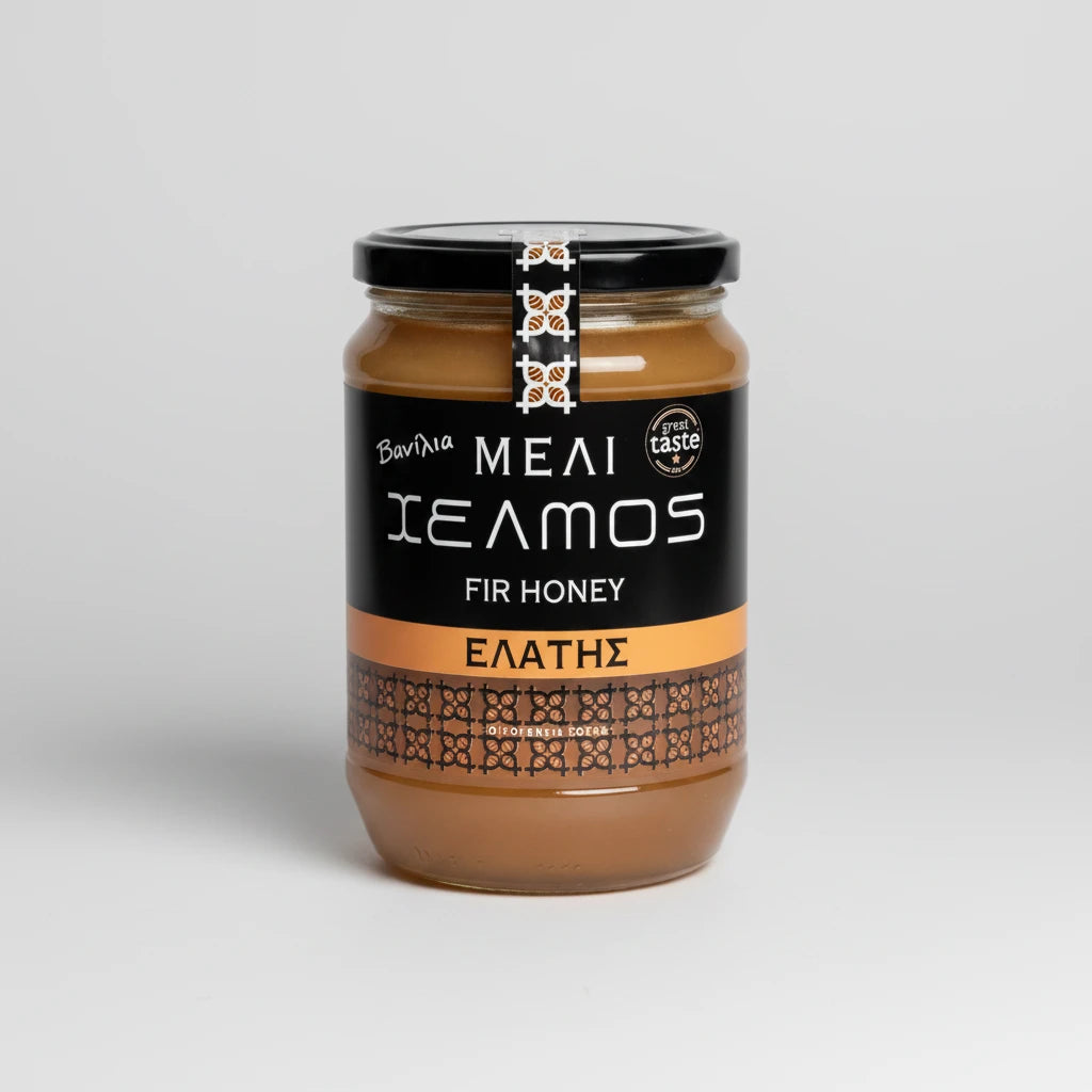 Γυάλινο βάζο 480g με το σπάνιο, παχύρρευστο ελληνικό μέλι ελάτης βανίλια Helmos από την οικογένεια Σουκά.