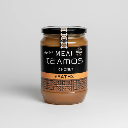 Γυάλινο βάζο 480g με το σπάνιο, παχύρρευστο ελληνικό μέλι ελάτης βανίλια Helmos από την οικογένεια Σουκά.