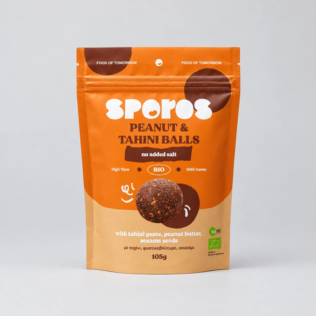sporos peanut and tahini balls μπαλακια ενεργειας με φιστικοβουτυρο ταχινι μελι συσκευασια 105g