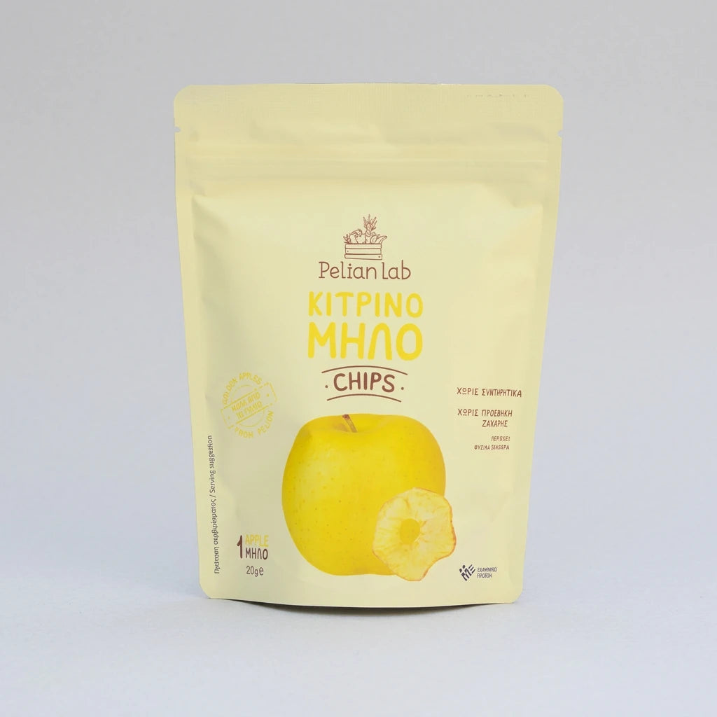 pelion lab χειροποιητα chips κιτρινου μηλου golden delicious συσκευασια 20g