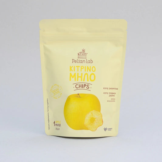 pelion lab χειροποιητα chips κιτρινου μηλου golden delicious συσκευασια 20g