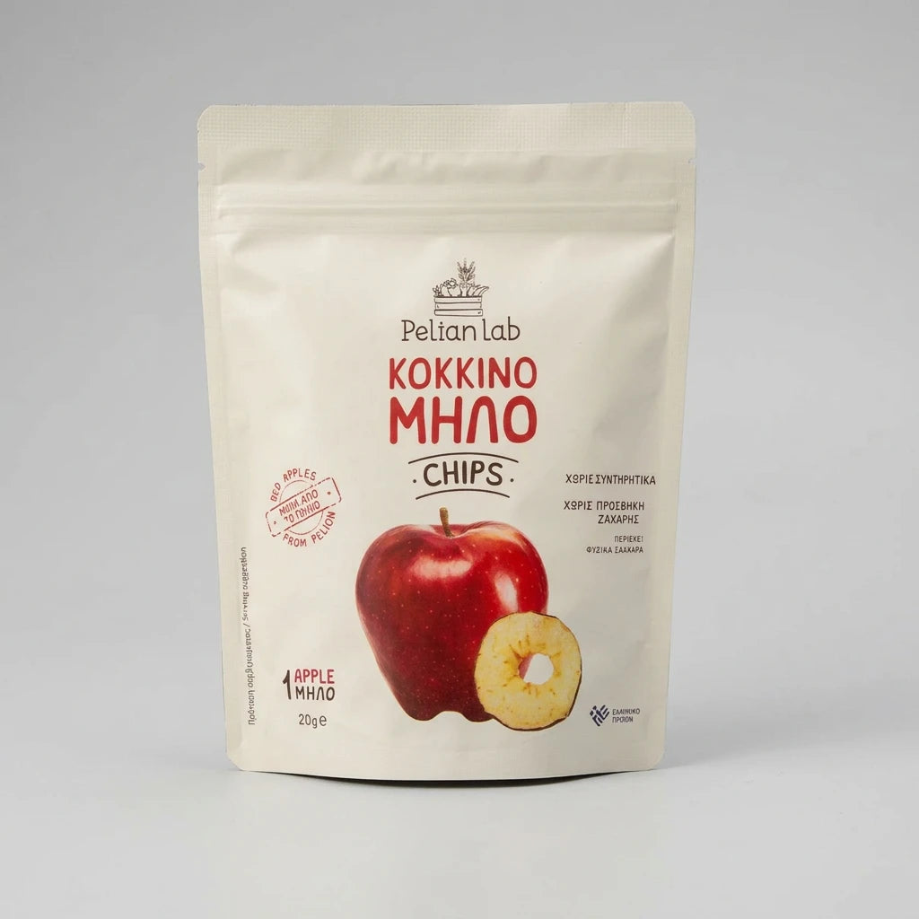 pelion lab χειροποιητα chips κοκκινου μηλου starking συσκευασια 20g