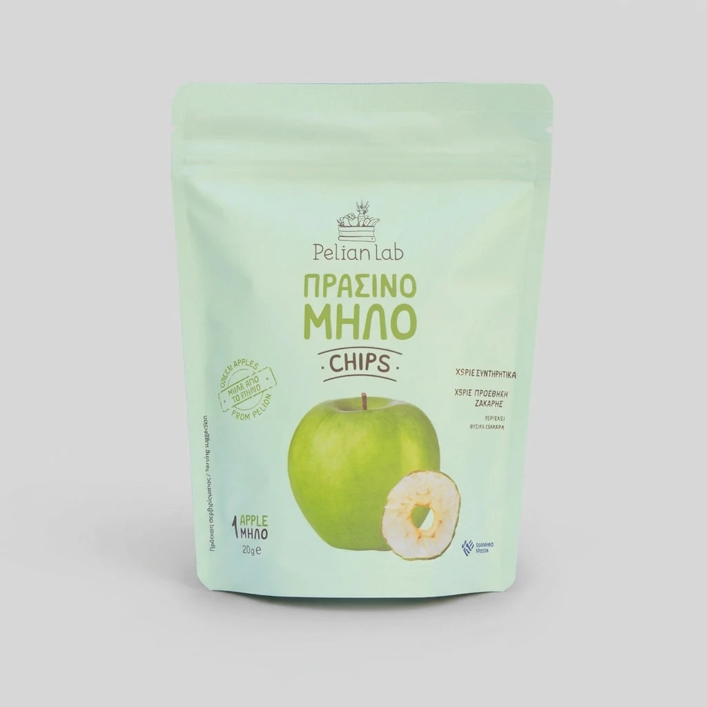 pelion lab χειροποιητα chips πρασινου μηλου granny smith συσκευασια 20g