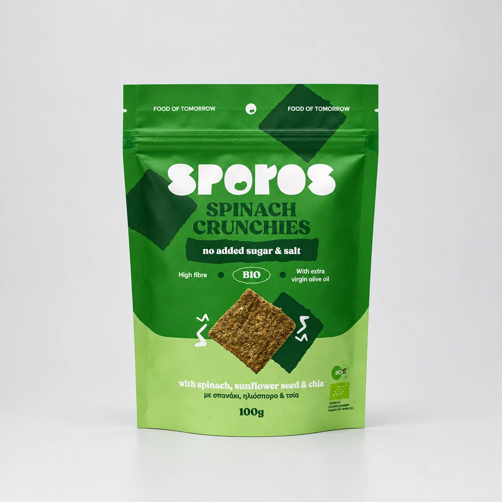 sporos spinach crunchies αλμυρα krakers vromis me spanaki me elaiolado kai sporous συσκευασια 85g