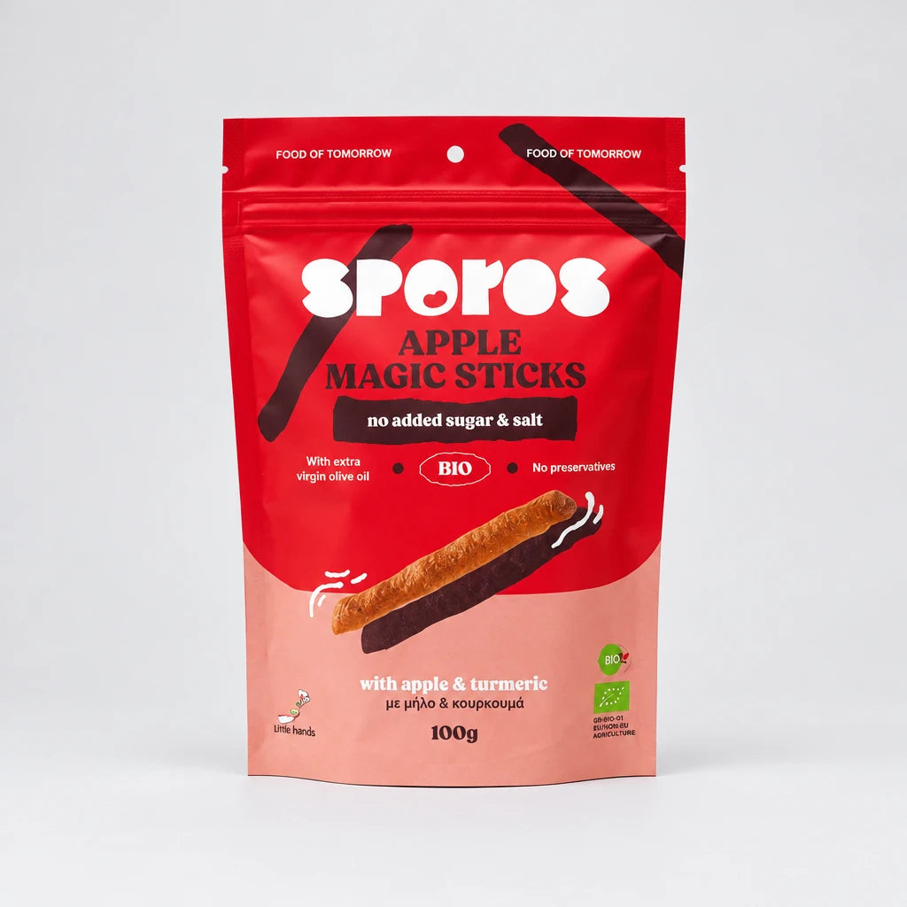 sporos apple magic sticks τραγανα στικς μηλου ολικης με κουρκουμα συσκευασια 100g