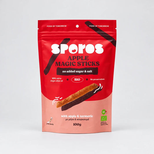 sporos apple magic sticks τραγανα στικς μηλου ολικης με κουρκουμα συσκευασια 100g