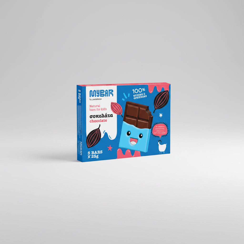 Συσκευασία 125g με 5 μπάρες KIDS CHOCOLATE My Bar της εταιρείας Pasteleion, το ιδανικό υγιεινό σνακ για παιδιά.