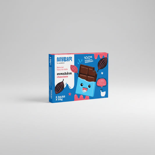 Συσκευασία 125g με 5 μπάρες KIDS CHOCOLATE My Bar της εταιρείας Pasteleion, το ιδανικό υγιεινό σνακ για παιδιά.