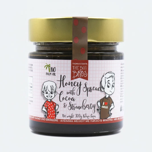 Συσκευασία 300g μέλι με κακάο και φράουλα The Bee Bros, υγιεινό σοκολατένιο άλειμμα για παιδιά