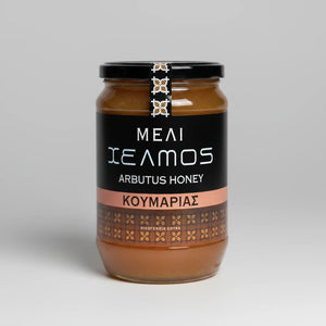 Γυάλινο βάζο 480g με αγνό, φυσικό ελληνικό μέλι κουμαριάς Helmos από την οικογένεια Σουκά.