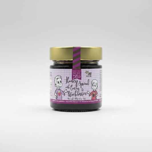 Συσκευασία 300g μέλι με κακάο και βατόμουρο The Bee Bros, υγιεινό άλειμμα σοκολάτας χωρίς ζάχαρη.